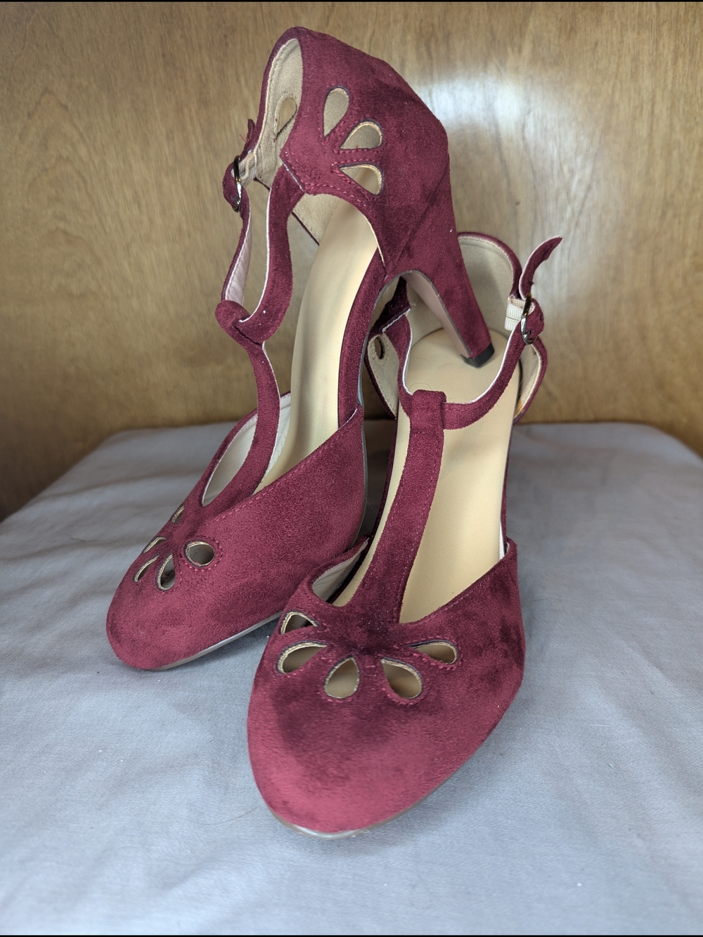 Modcloth Women's Burgundy Suede T-Strap Heels with Floral Cutouts